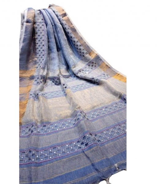 Blue Linen Cut Work Saree